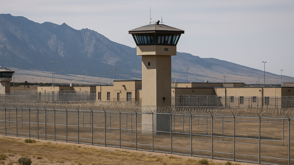 Fotorealistický denný záber na komplex ADX Florence s vysokými plotmi, ostnatým drôtom a strážnou vežou, zasadený v púštnej krajine Colorada s horami v pozadí.