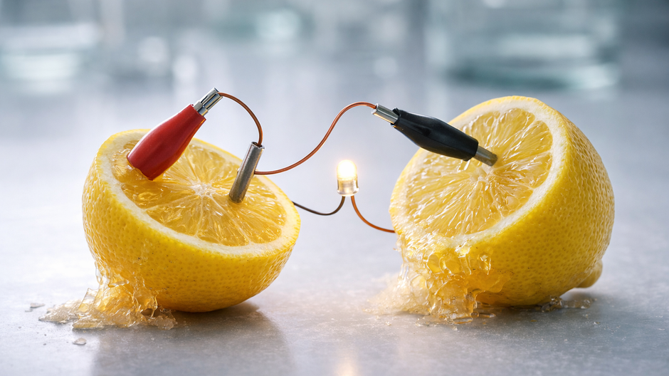 Dva citróny spojené káblami fungujú ako jednoduchá batéria v laboratórnom prostredí, demonštrácia ekologického zdroja elektriny