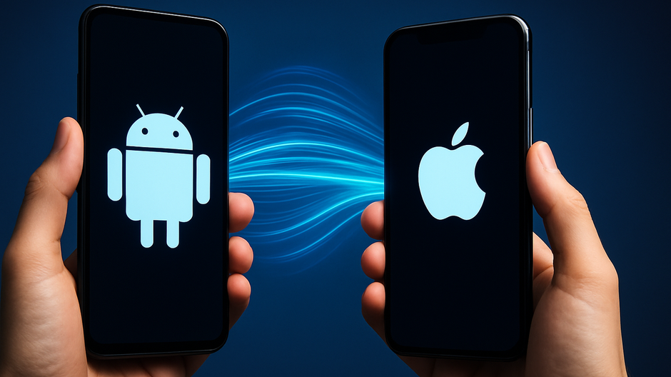 Dve ruky držiace smartfóny s modrými svetelnými prúdmi naznačujúcimi prenos dát medzi nimi.