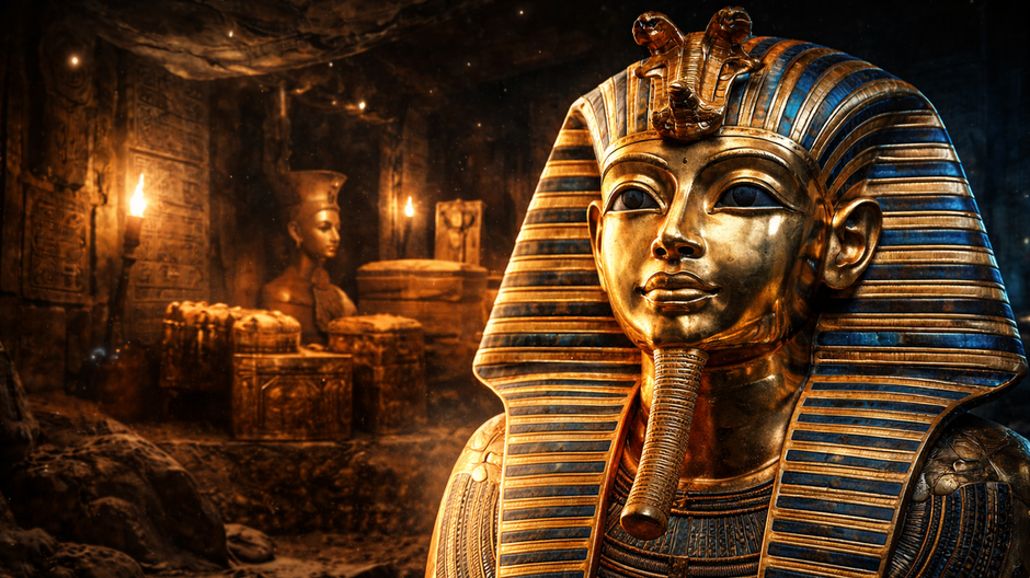 Zlatá pohrebná maska faraóna Tutanchamóna v hrobke osvetlenej tlmeným svetlom s egyptskými artefaktmi v pozadí