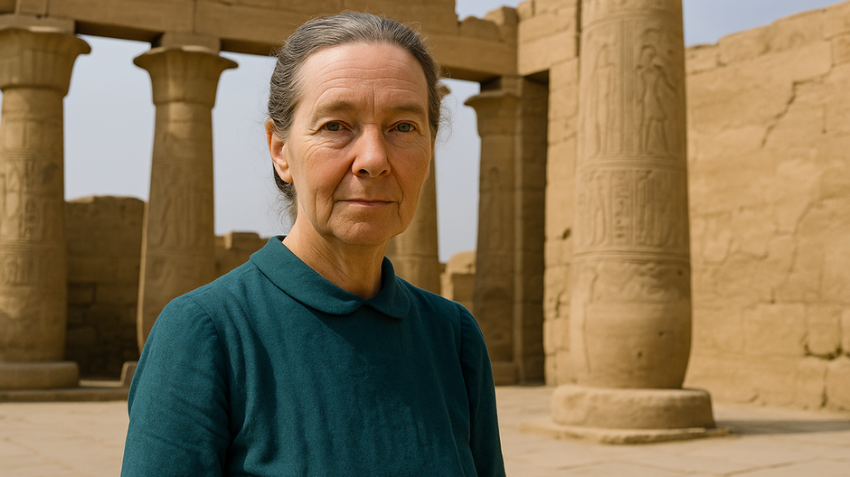 Staršia žena stojí pred egyptskými stĺpmi s hieroglyfmi v chráme v Luxore, pripomína legendárnu Dorothy Eady známu ako Omm Sety