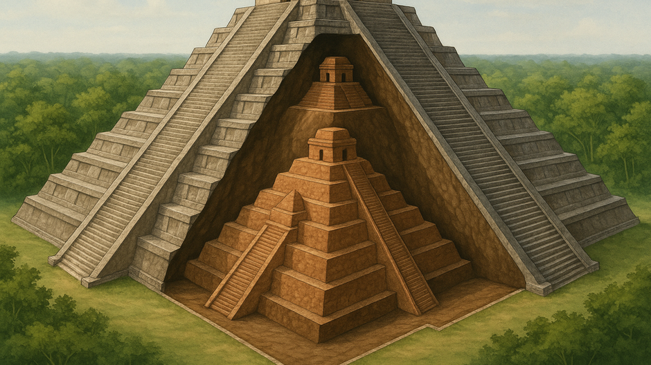 Realistická priečna ilustrácia pyramídy El Castillo v Chichen Itzá, zobrazujúca tri vrstvy mayských stavieb vrátane najstaršej vnútornej pyramídy.