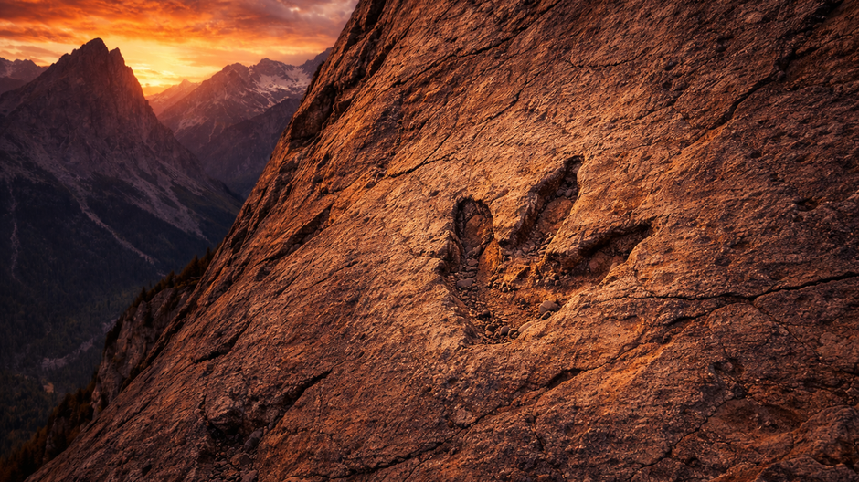 Fotorealistický záber jednej osamelej dinosau­rie stopy z neskorého triasu zachovanej na takmer vertikálnej sedimentárnej skalnej stene v talianskych Alpách pri západe slnka, so zvýrazneným reliéfom, prasklinami a eróziou horniny.