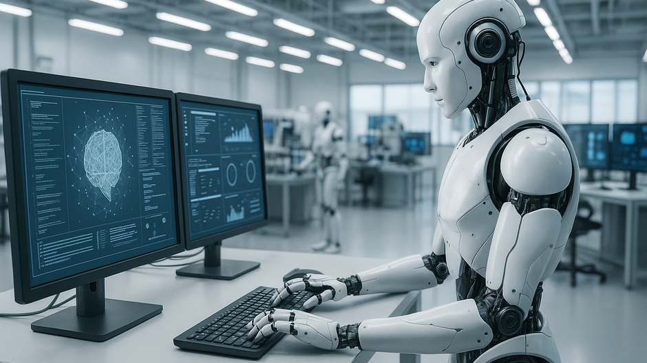 Humanoidný robot ovláda konzolu v high-tech AI laboratóriu osvetlenom bielym svetlom, fotorealistické zobrazenie s čistým moderným prostredím.