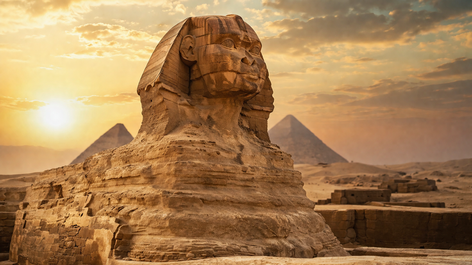 Veľká sfinga v Gíze pri dramatickom rannom svetle so zvýraznenými stopami erózie na povrchu