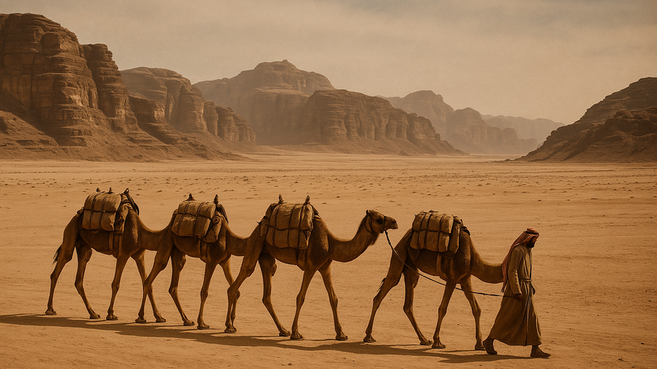 Historická karavána tiav s nákladom putuje púšťou po niekdajšej kadidlovej ceste spájajúcej staroveký Egypt, Arábiu a Mezopotámiu, obklopená skalnými masívmi a piesočným terénom.