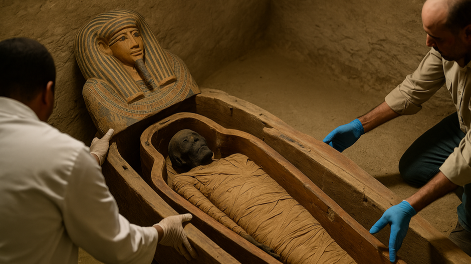 Archeológovia otvárajú 2600 rokov starý egyptský sarkofág s dokonale zachovanou múmiou v pohrebnej komore v Sakkáre.