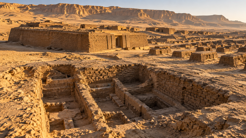 Kráľovské a vedľajšie hrobky z obdobia prvej egyptskej dynastie v nekropole Umm el-Qa'ab pri Abydose.
