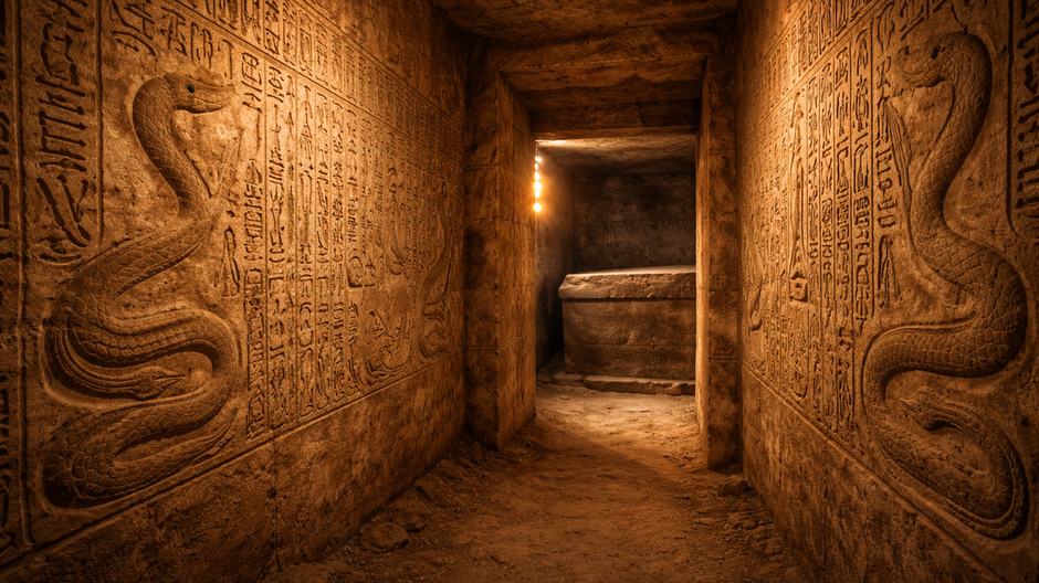 Fotorealistický pohľad do úzkej vápencovej komory staroegyptskej hrobky v Abúsíre, ktorej steny pokrývajú detailné hieroglyfy s motívmi ochranných hadov, osvetlené teplým svetlom pochodní, v pozadí čiastočne viditeľný kamenný sarkofág a jemný prach vo vzd