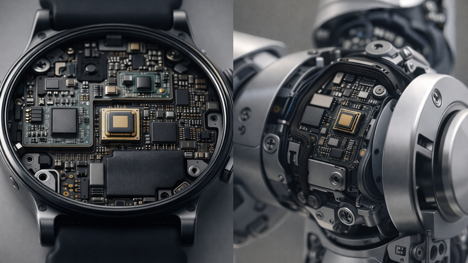 Detail vnútorných senzorov inteligentných hodiniek a robotického kĺbu, ktoré zabezpečujú presné snímanie pohybu a orientácie v priestore.