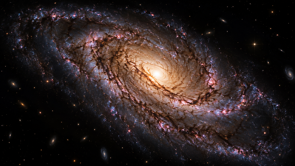 Ilustrácia špirálovej galaxie s jasným zlatistým jadrom, tmavými prachovými pásmi a modrofialovými oblasťami tvorby hviezd.