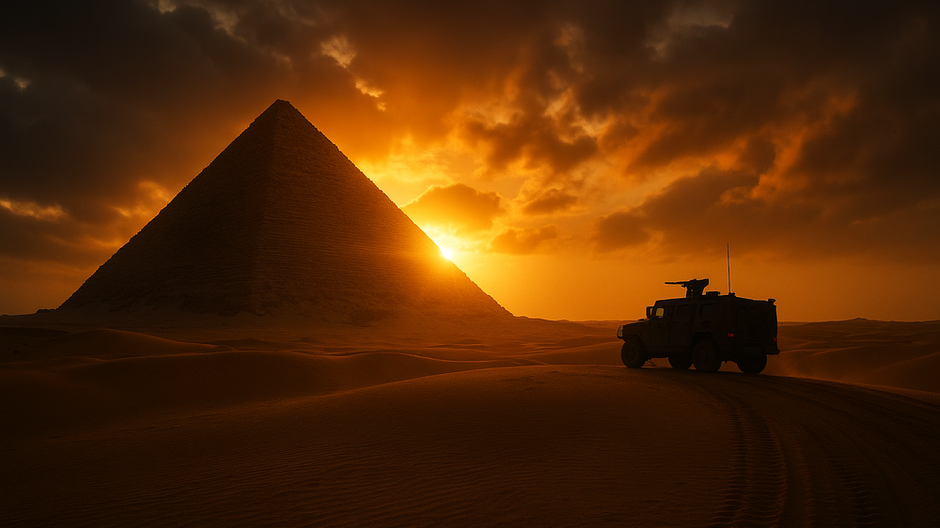 Záber z púšte so siluetou pyramídy a vojenským vozidlom na horizonte, pod dramatickým slnkom.