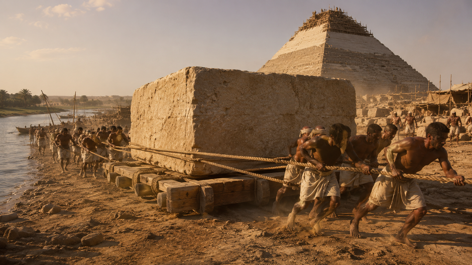 Starovekí egyptskí robotníci ťahajú veľký kamenný blok pri Níle počas stavby pyramídy v Gíze.