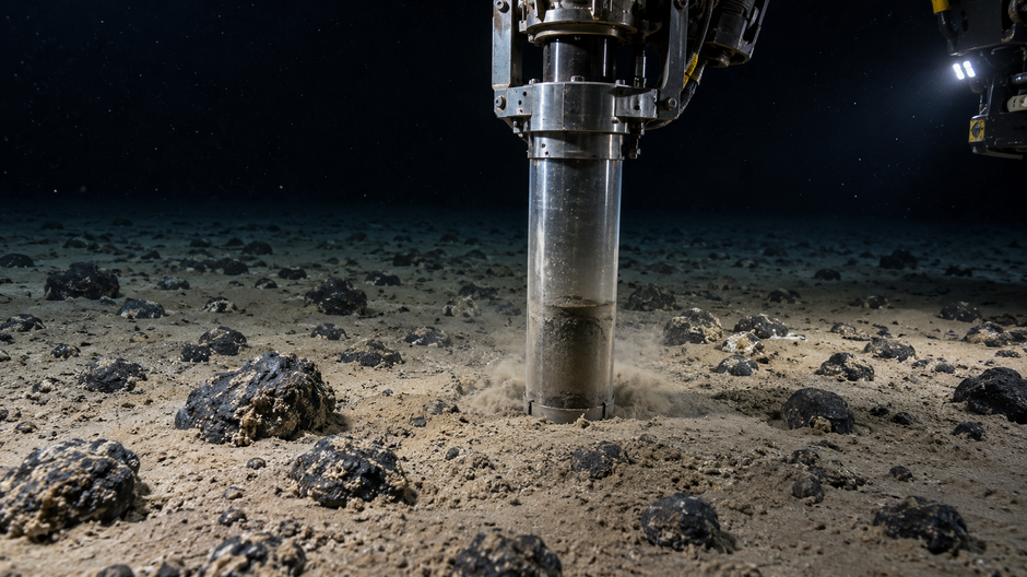 Robotický odber vzorky sedimentu na hlbokomorskom dne pokrytom tmavými mangánovými konkréciami.