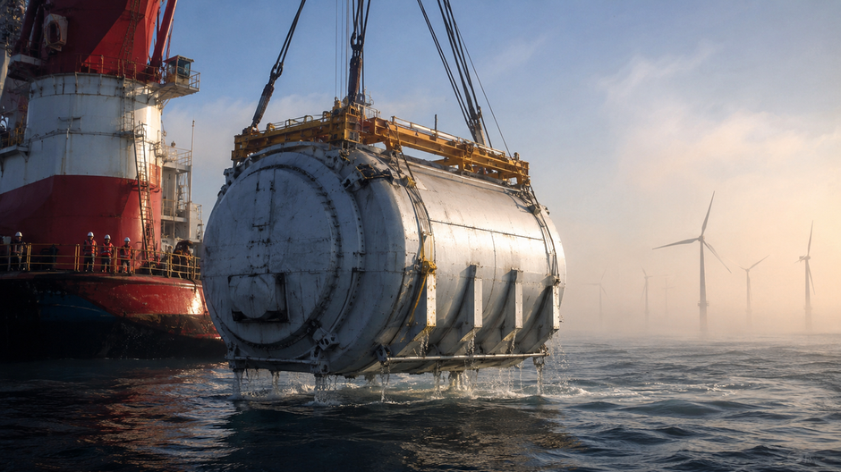 Podmorský modul dátového centra pri pobreží Šanghaja s veternými turbínami v pozadí.