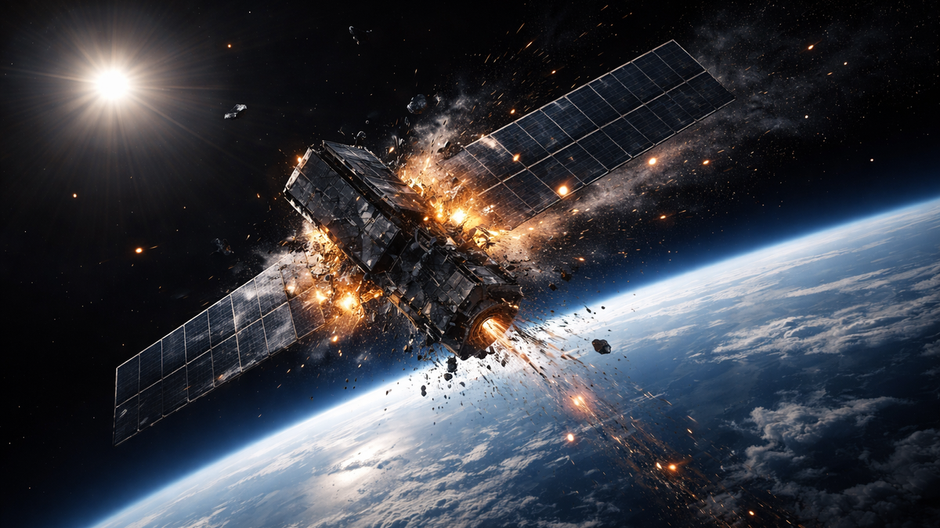 Poškodený satelit Starlink obklopený drobnými úlomkami na nízkej obežnej dráhe nad Zemou.