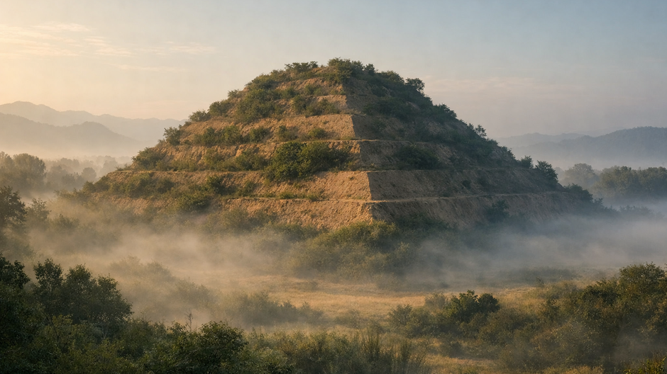 Fotorealistický širokouhlý pohľad na starovekú čínsku pyramídovú hrobku pri meste Xi’an, masívna hlinená stavba čiastočne pokrytá vegetáciou, vystupujúca z krajiny v rannom alebo podvečernom svetle, s hmlou a dlhými tieňmi