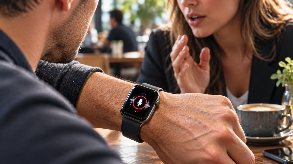 Apple Watch na zápästí počas rozhovoru, ktoré ilustrujú nové AI funkcie pracujúce so zvukom a prepismi.