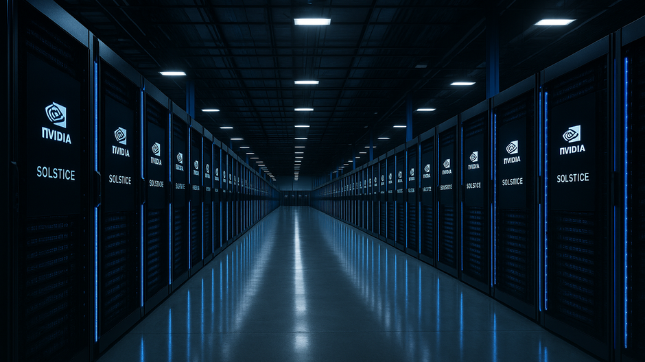 Fotorealistický záber futuristickej serverovej haly s modrým svetlom, symbolizujúcej superpočítač Nvidia Solstice poháňaný umelou inteligenciou