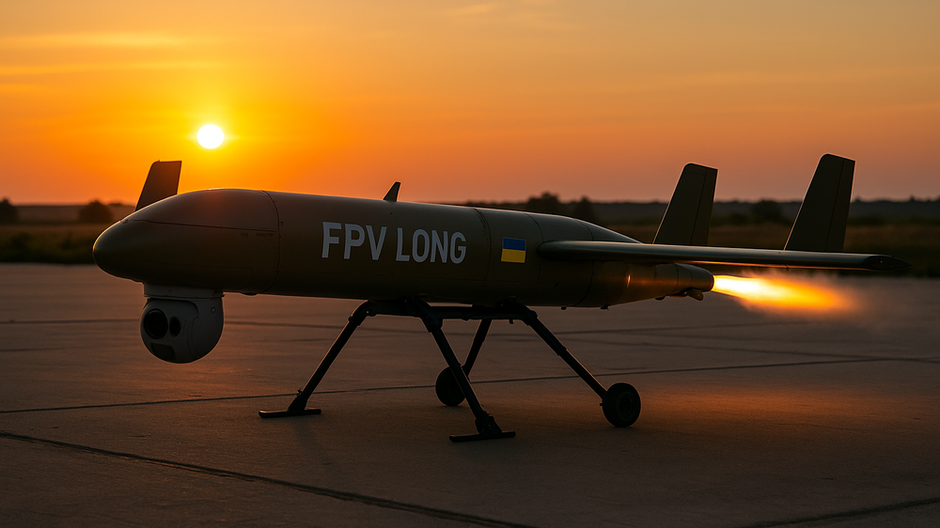 Ukrajinský dron FP-1 so zapnutým motorom na štartovacej ploche počas západu slnka.
