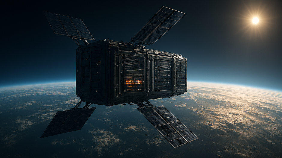Orbitálne dátové centrum s rozsiahlymi solárnymi panelmi fungujúce nad Zemou vo vesmíre