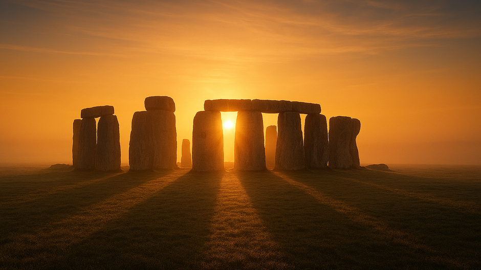 Stonehenge počas západu slnka, monumentálne kamenné stĺpy v hmlistej anglickej krajine