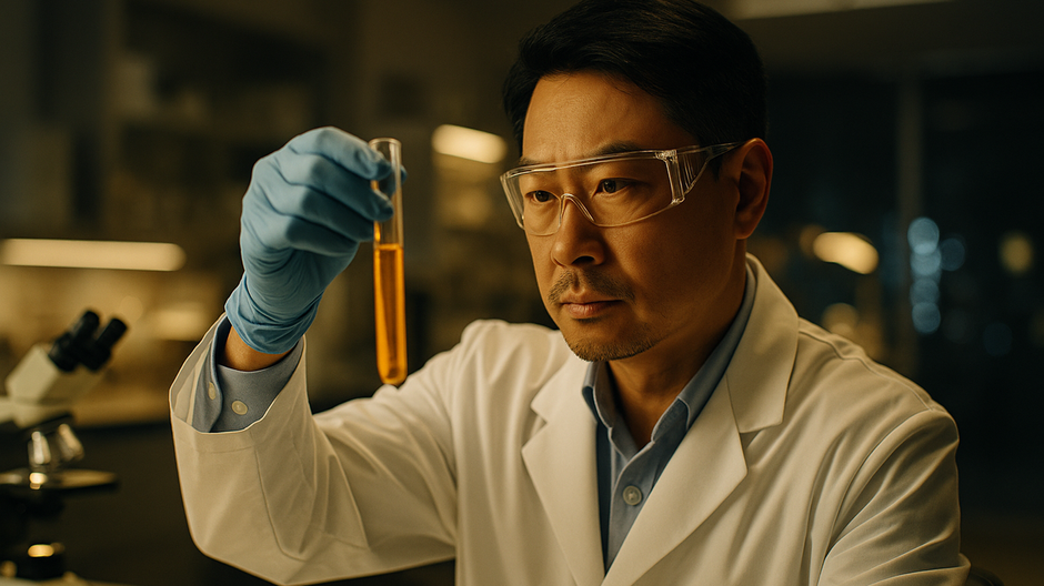 Vedec v bielom plášti drží skúmavku, v pozadí laboratórium so svetlami a mikroskopmi.