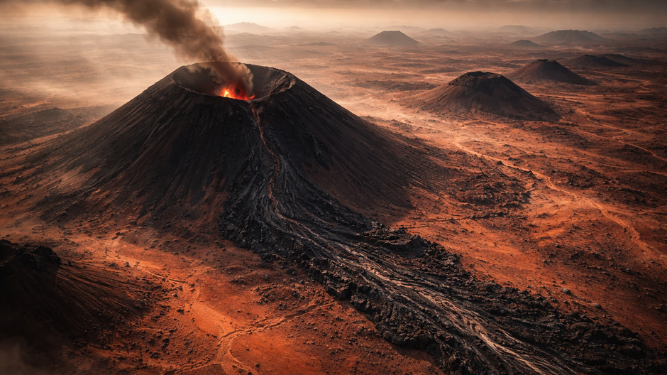 Tmavý skóriový kužeľ na povrchu Marsu s kruhovým kráterom a lávovým prúdom v červenej vulkanickej krajine.