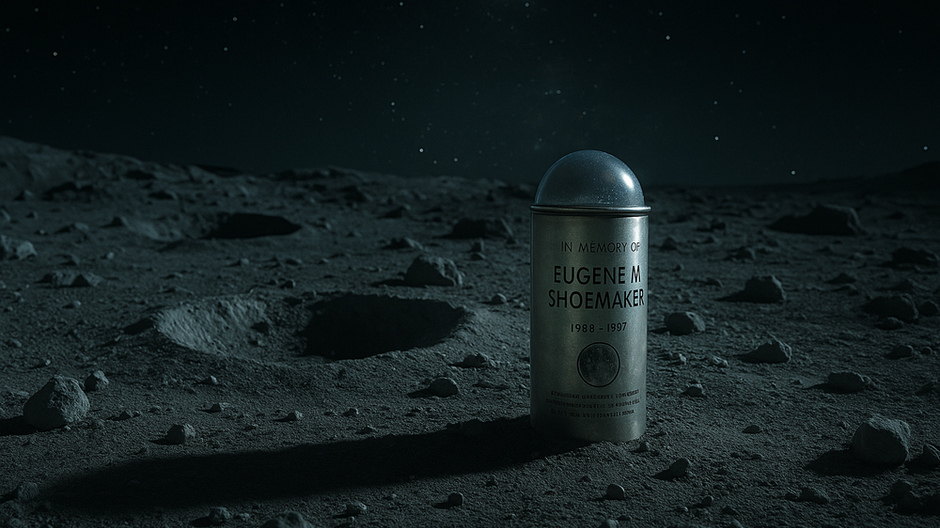 Pamätná kapsula s menom Eugene M. Shoemaker osvetlená mesačným svetlom uprostred kráterov na mesačnom povrchu, s hviezdnou oblohou v pozadí.
