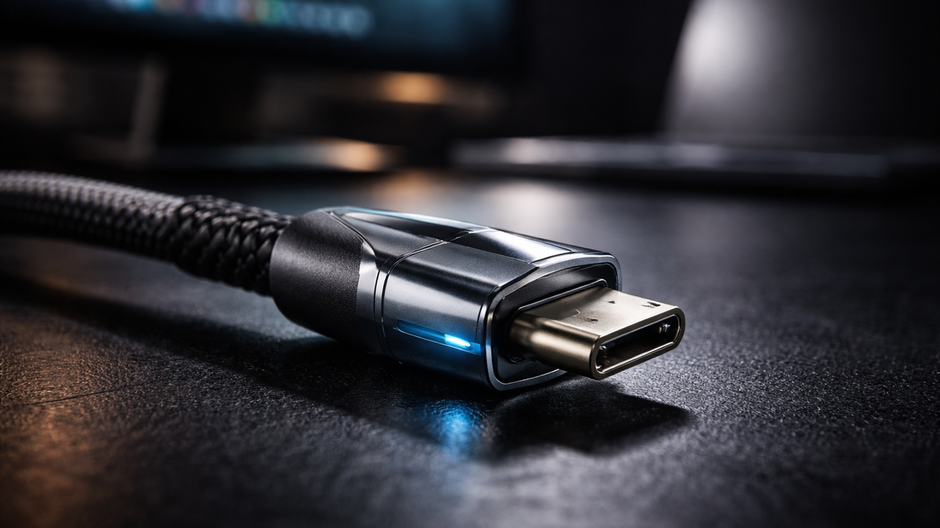 Detail moderného káblového konektora GPMI na tmavom stole vedľa monitora a notebooku