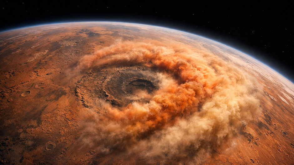 Orbitálny pohľad na planétu Mars s mohutnou prachovou búrkou víriacou v okolí sopky Olympus Mons, ktorej kaldera je čiastočne zahalená hustými červeno-oranžovými oblakmi prachu, s viditeľným zakrivením planéty a tmavým vesmírom v pozadí.