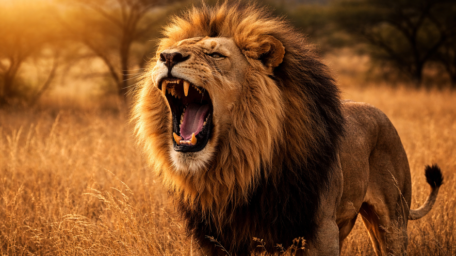 Detailný záber revúceho afrického leva v savane pri západe slnka