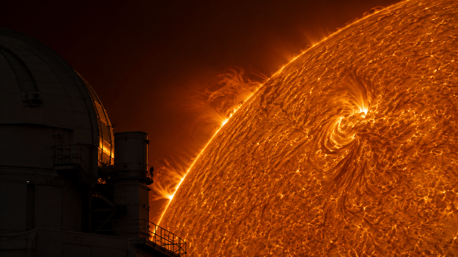 Fotorealistický pohľad na Slnko cez solárne observatórium, symbolizujúci nové helioseizmické merania slnečného cyklu.