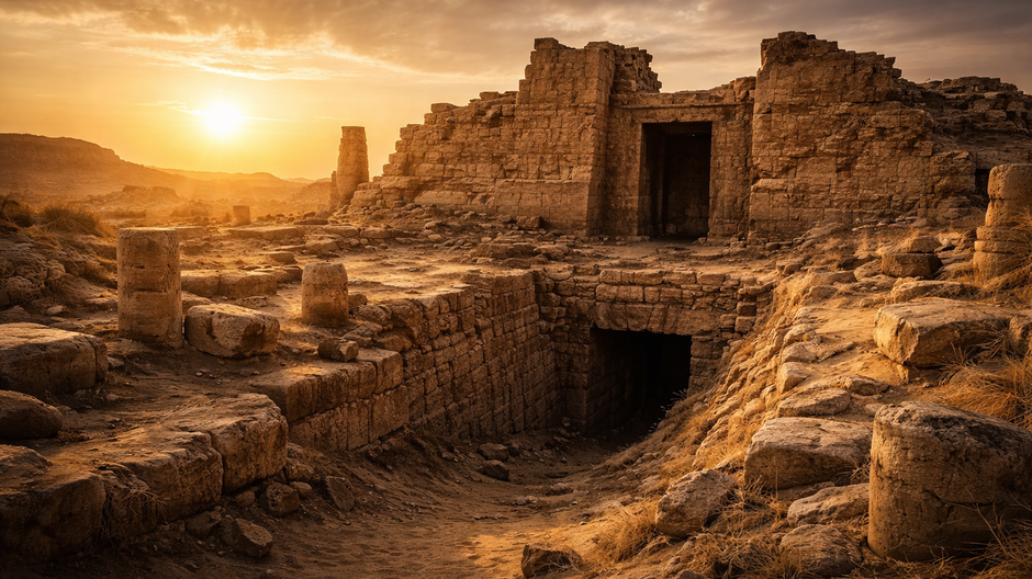 Zrúcaniny chrámu Taposiris Magna v Egypte pri západe slnka s náznakom vstupu do podzemného tunela, ktorý môže súvisieť s hrobom Kleopatry.