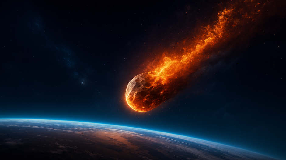 Obrovský horiaci asteroid letiaci cez temný vesmír smerom k Zemi, s jasným ohnivým chvostom a dramatickým osvetlením atmosféry planéty.