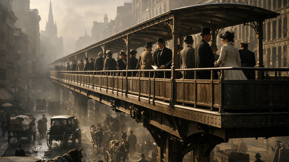Historická vizualizácia pohyblivého chodníka nad rušnou ulicou v New Yorku z 19. storočia