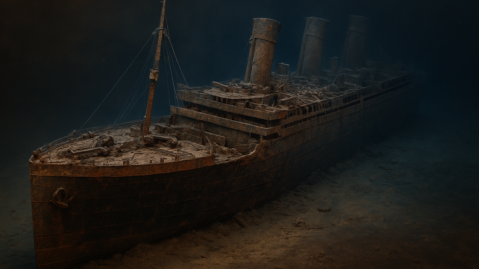 3D model vraku Titanicu zachytávajúci detaily potopenej lode na dne Atlantiku