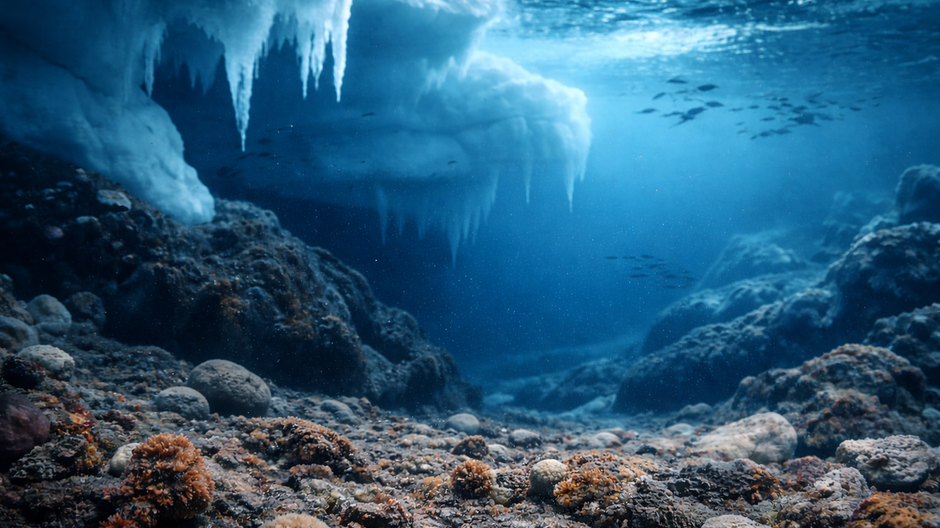 Podľadový oceán pri Antarktíde s ľadovými formáciami, morským dnom a chladným modrým svetlom