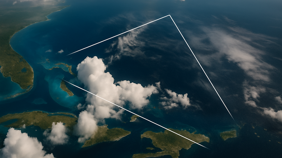 Letecký záber na Bermudský trojuholník s označením Florida, Bermuda a Portoriko nad Atlantikom s mrakmi a pobrežím