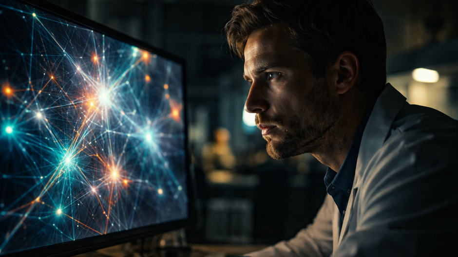 Vedec v tmavom laboratóriu sleduje monitor s vizualizáciou umelej inteligencie