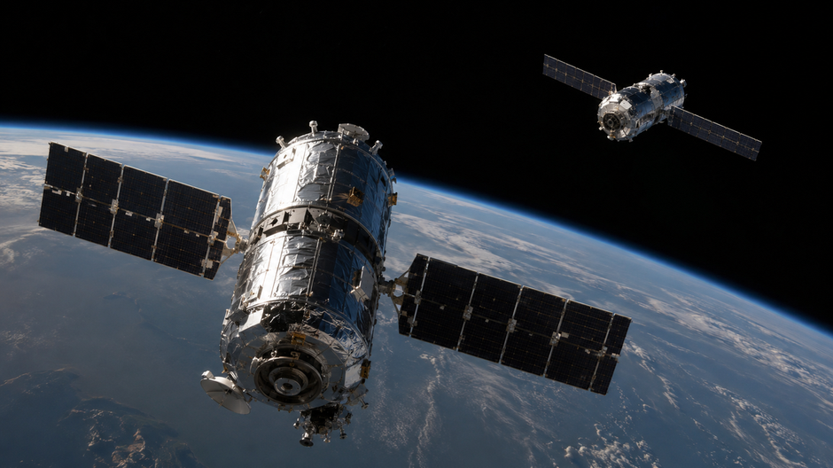 Dva moderné satelity vykonávajú blízky manéver nad Zemou.