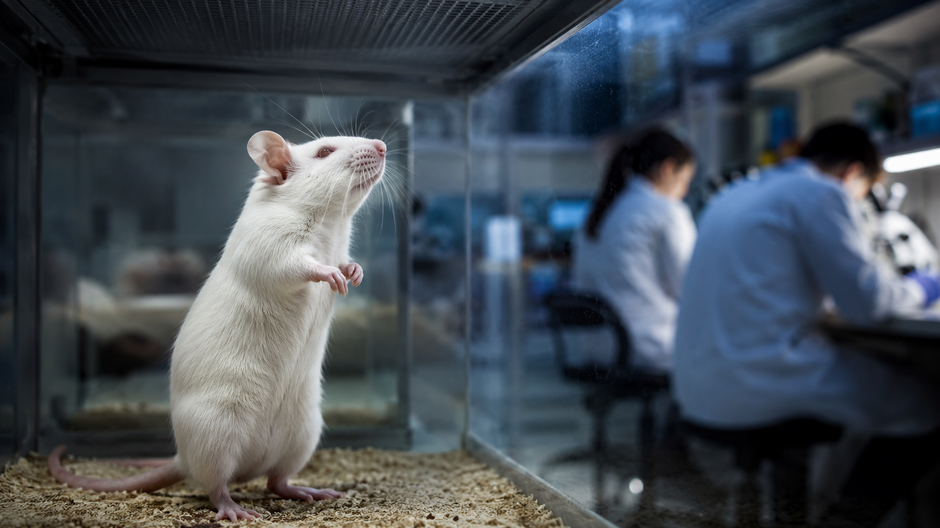 Laboratórna myš počas experimentálneho výskumu metabolizmu a obezity s látkou TOFA.