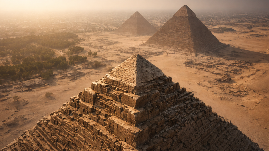 Letecký pohľad na vrchol Veľkej pyramídy v Gíze bez ľudí a zvierat