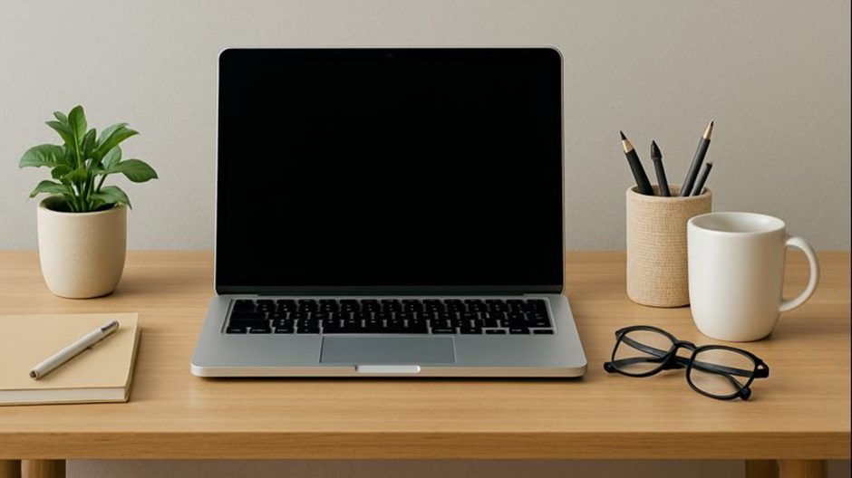 Drevo­-stôl s otvoreným laptopom, zápisníkom, perom, okuliarmi, hrnčekom a stojanom na ceruzky v čistom, minimalistickom aranžmáne.