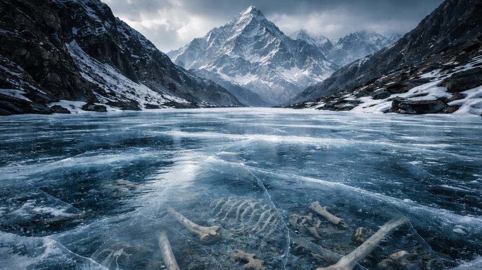 Zamrznuté vysokohorské jazero v Himalájach obklopené skalnatými svahmi a zasneženými vrcholmi