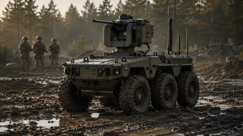 Bezposádkový vojenský robot Hunter Wolf s diaľkovo ovládanou zbraňovou stanicou stojí v lesnom teréne počas cvičenia americkej armády.