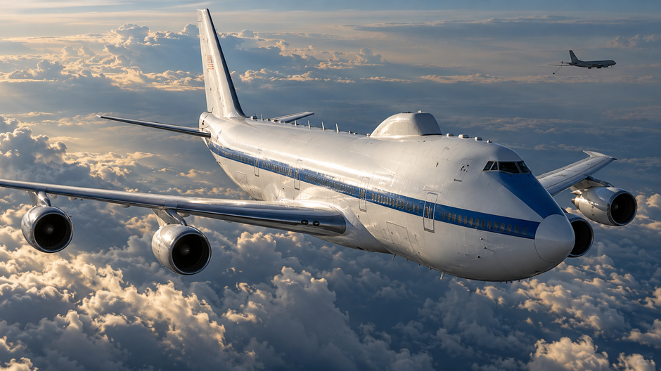 Americké veliteľské lietadlo Boeing E-4B Nightwatch počas letu.