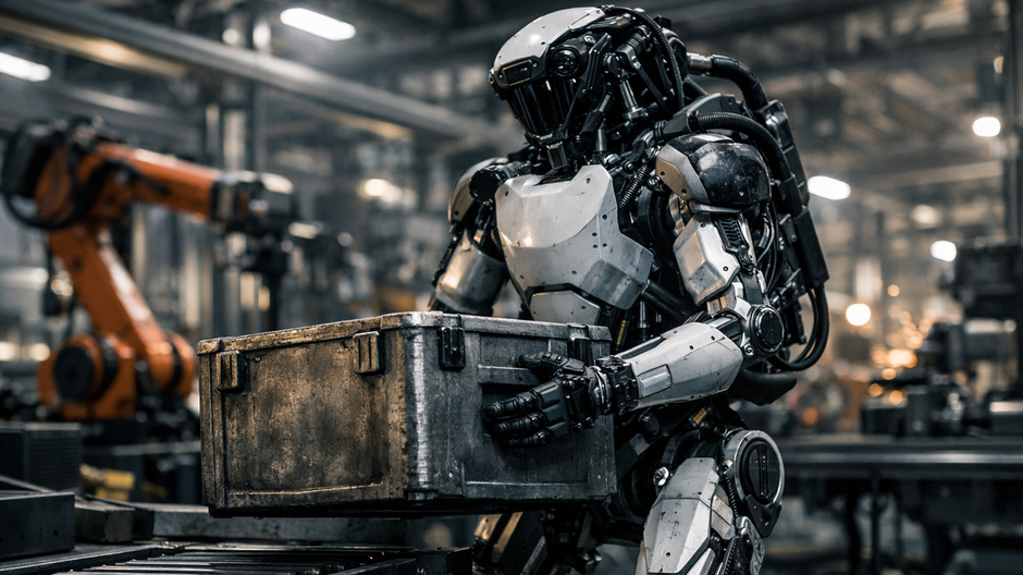 Humanoidný robot Atlas pracuje v modernej priemyselnej továrni a manipuluje s ťažkým nákladom počas reálnej výrobnej prevádzky.