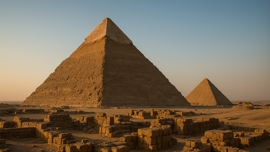 Fotorealistický záber pyramíd a okolitých kamenných ruín pri východe slnka, v teplých sýtych farbách a dokumentárnom štýle.