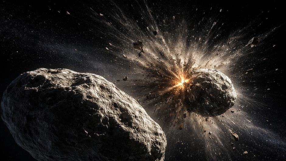 Binárny asteroidový systém Didymos a Dimorphos po náraze sondy DART s oblakom prachu a úlomkov vo vesmíre.